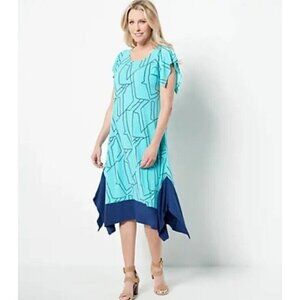 Truth+Style Regular Printed and Solid Knit Jersey Dress Turquoise/Navy X-Large